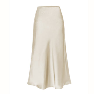 Side Slit Satin Midi Skirt in Beige — VerolynBoutique