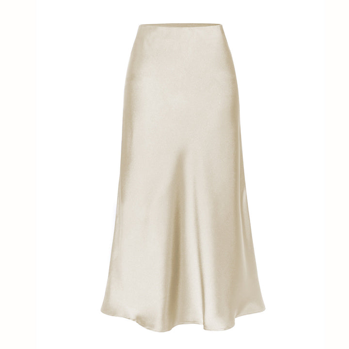 Side Slit Satin Midi Skirt in Beige — VerolynBoutique