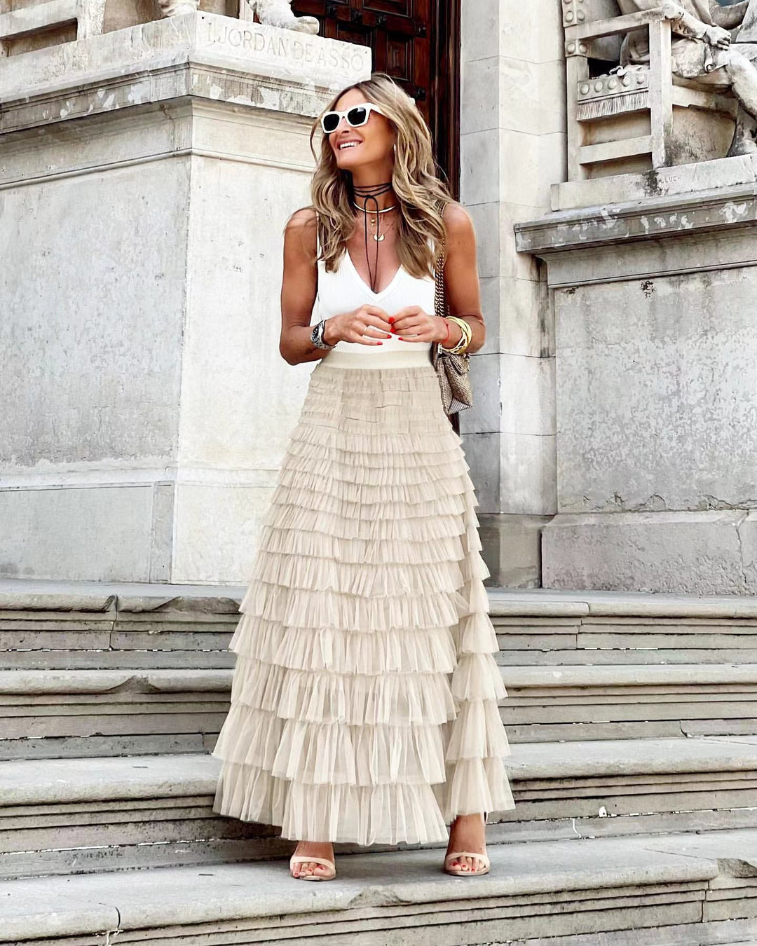 Tiered Ruffle Maxi Skirt in Apricot — VerolynBoutique