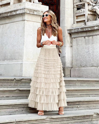 Tiered Ruffle Maxi Skirt in Apricot — VerolynBoutique