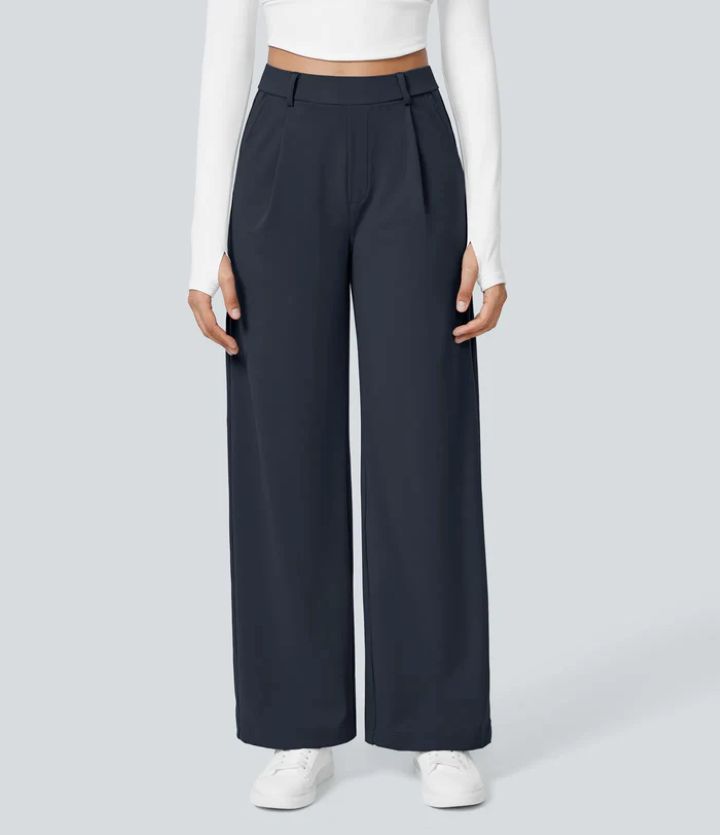 Pleated Front Wide Leg Trousers in Navy — VerolynBoutique