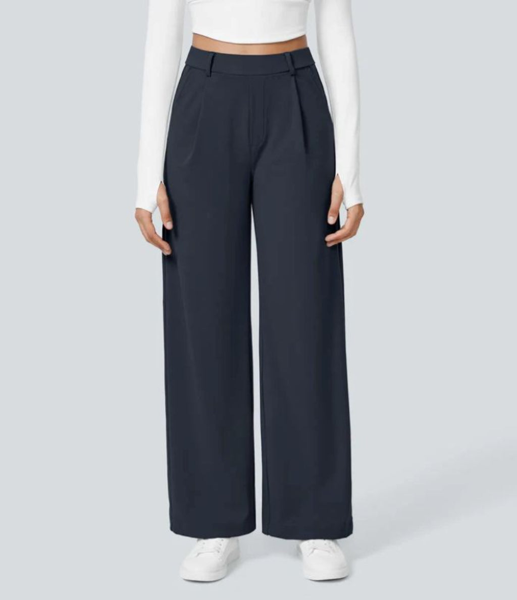 Pleated High Waist Straight Trousers in Navy — VerolynBoutique