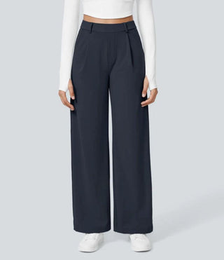 Pleated High Waist Straight Trousers in Navy — VerolynBoutique
