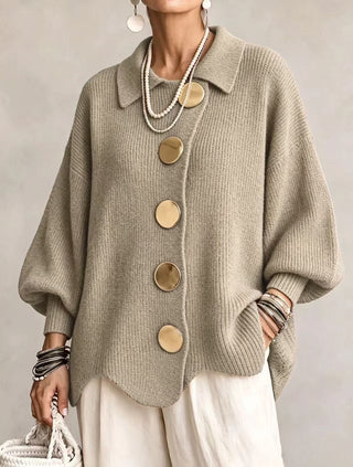 Gold Button Oversized Cardigan in Khaki — VerolynBoutique