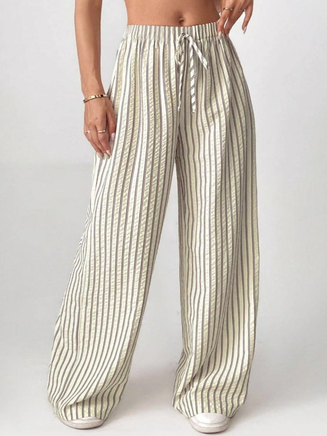 Pinstripe Drawstring Wide Leg Trousers in Beige — VerolynBoutique