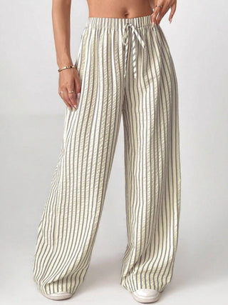 Pinstripe Drawstring Wide Leg Trousers in Beige — VerolynBoutique