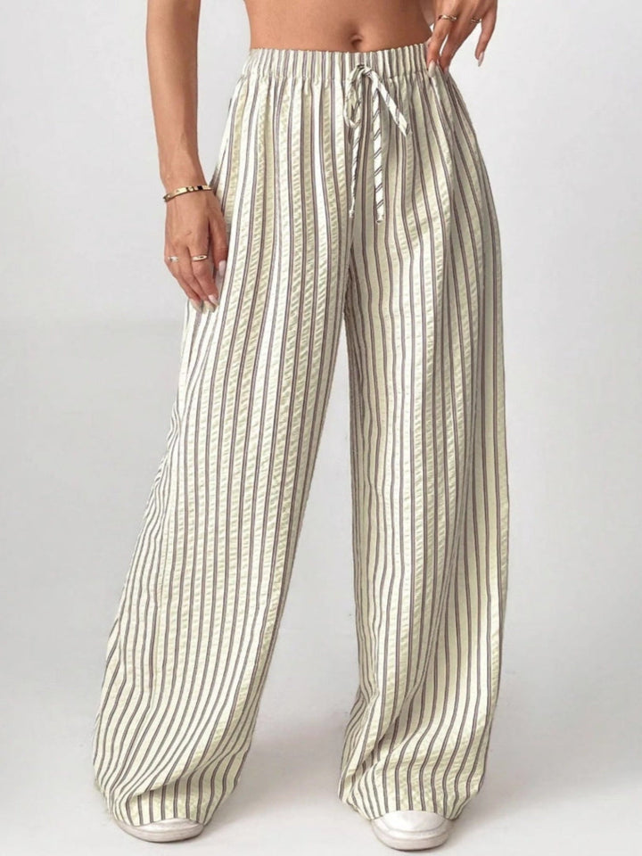 Pinstripe Drawstring Wide Leg Trousers in Beige — VerolynBoutique
