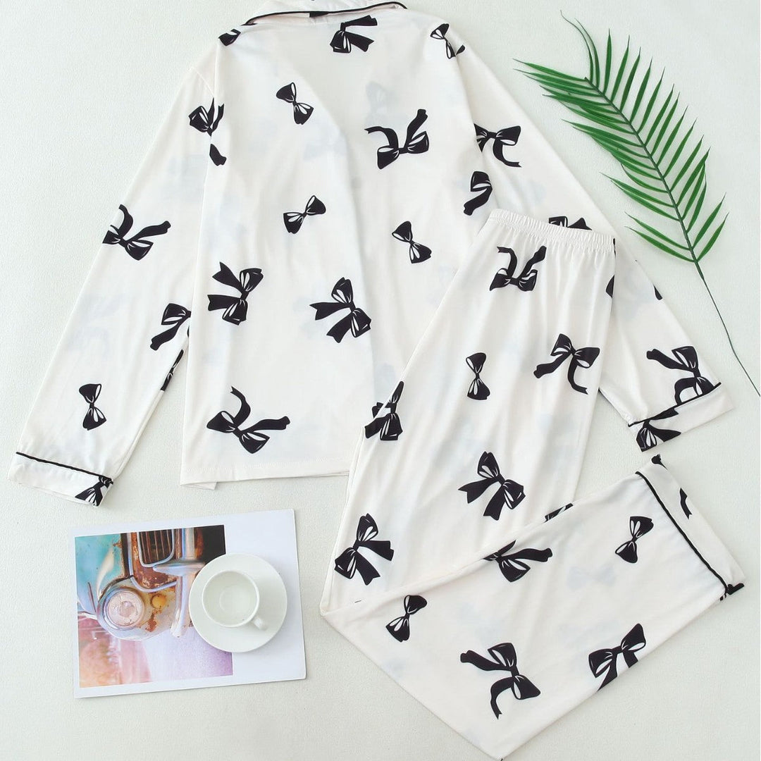 Bow Print Button Pyjama Set in White — VerolynBoutique