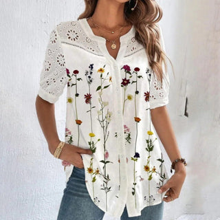 Lace Yoke Printed Blouse in Red Floral — VerolynBoutique