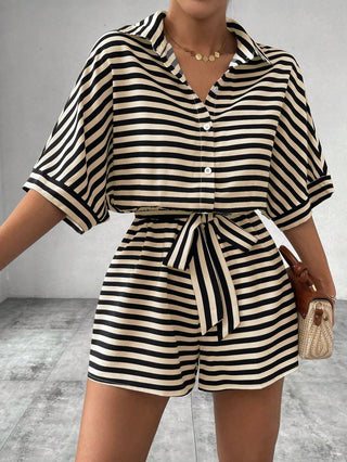 Striped Collared Tie-Front Romper in Apricot — VerolynBoutique