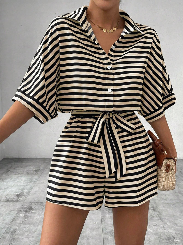 Striped Collared Tie-Front Romper in Apricot — VerolynBoutique