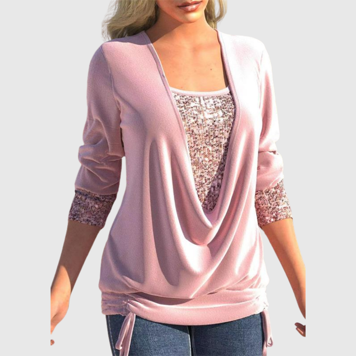 Sequin Layer Draped Blouse in Pink — VerolynBoutique