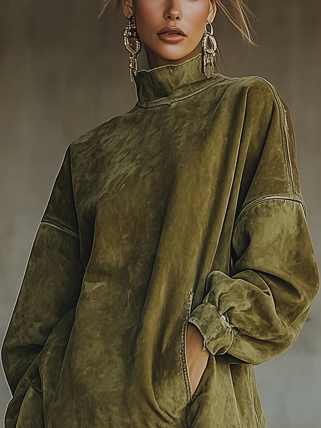 Faux Suede Turtleneck Fringe Dress in Green — VerolynBoutique
