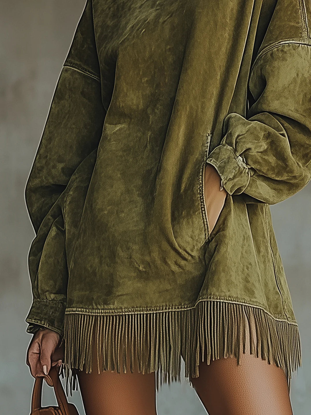 Faux Suede Turtleneck Fringe Dress in Green — VerolynBoutique