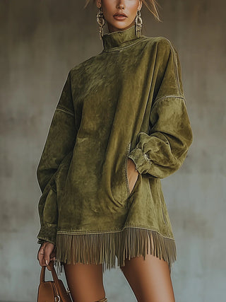 Faux Suede Turtleneck Fringe Dress in Green — VerolynBoutique