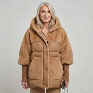 Faux Fur Panel Hooded Coat in Khaki — VerolynBoutique