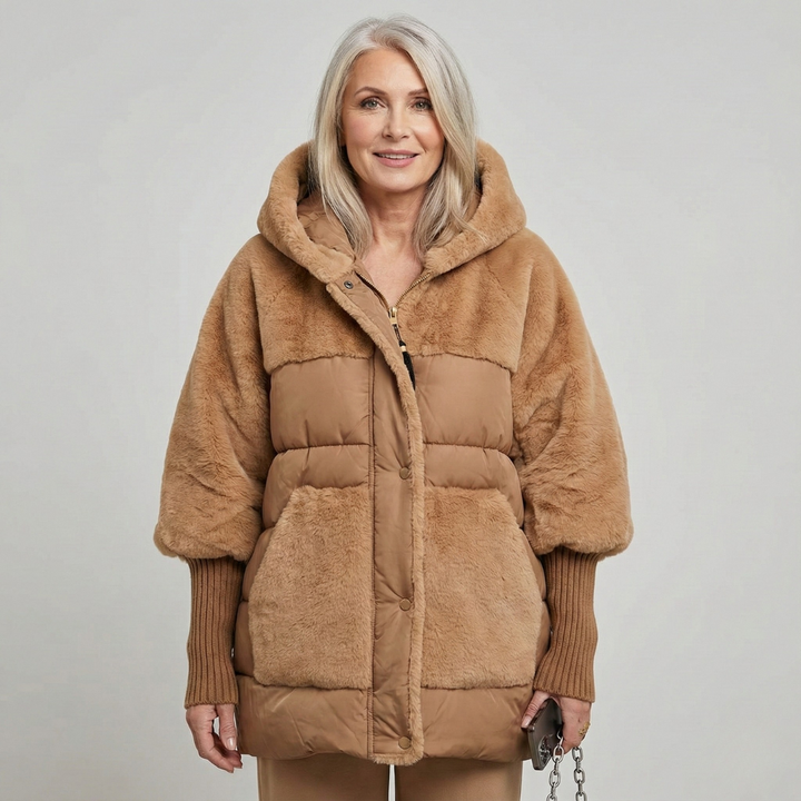 Faux Fur Panel Hooded Coat in Khaki — VerolynBoutique
