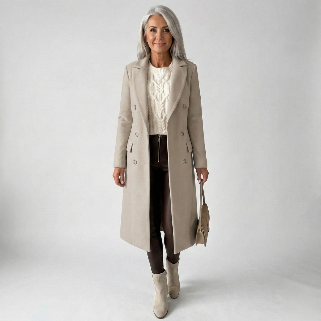 Shaped Waist Longline Coat in Beige — VerolynBoutique