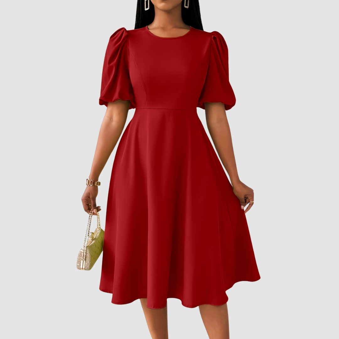 Puff Sleeve Midi Dress in Red — VerolynBoutique