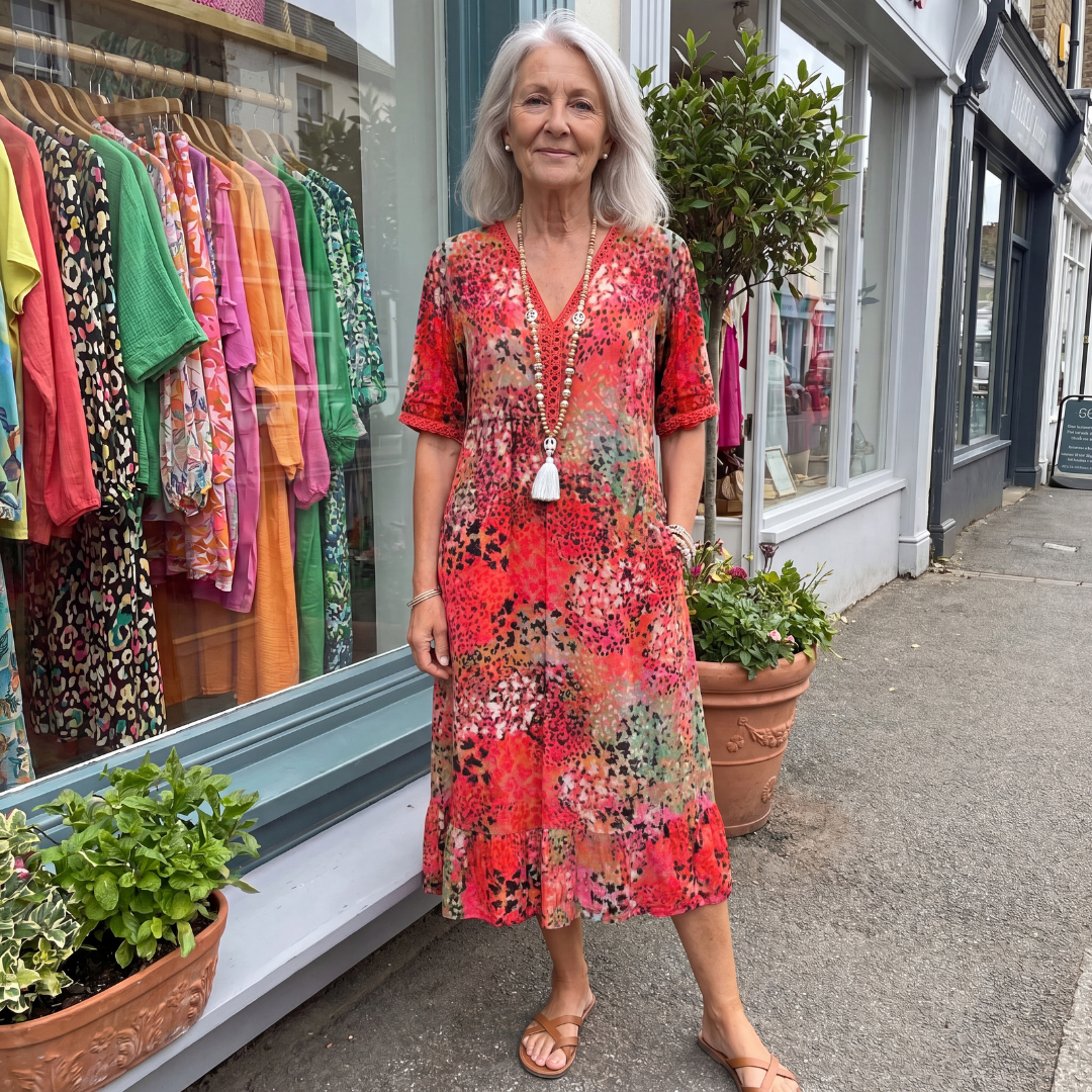 Tiered Print Midi Dress in Red — VerolynBoutique