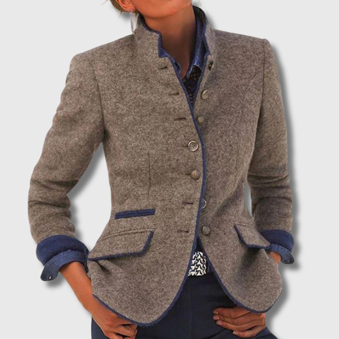 Wool Blend Stand Collar Blazer in Brown — VerolynBoutique