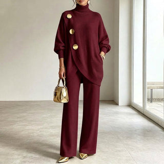 Gold Button Knit Co-ord Set in Burgundy — VerolynBoutique