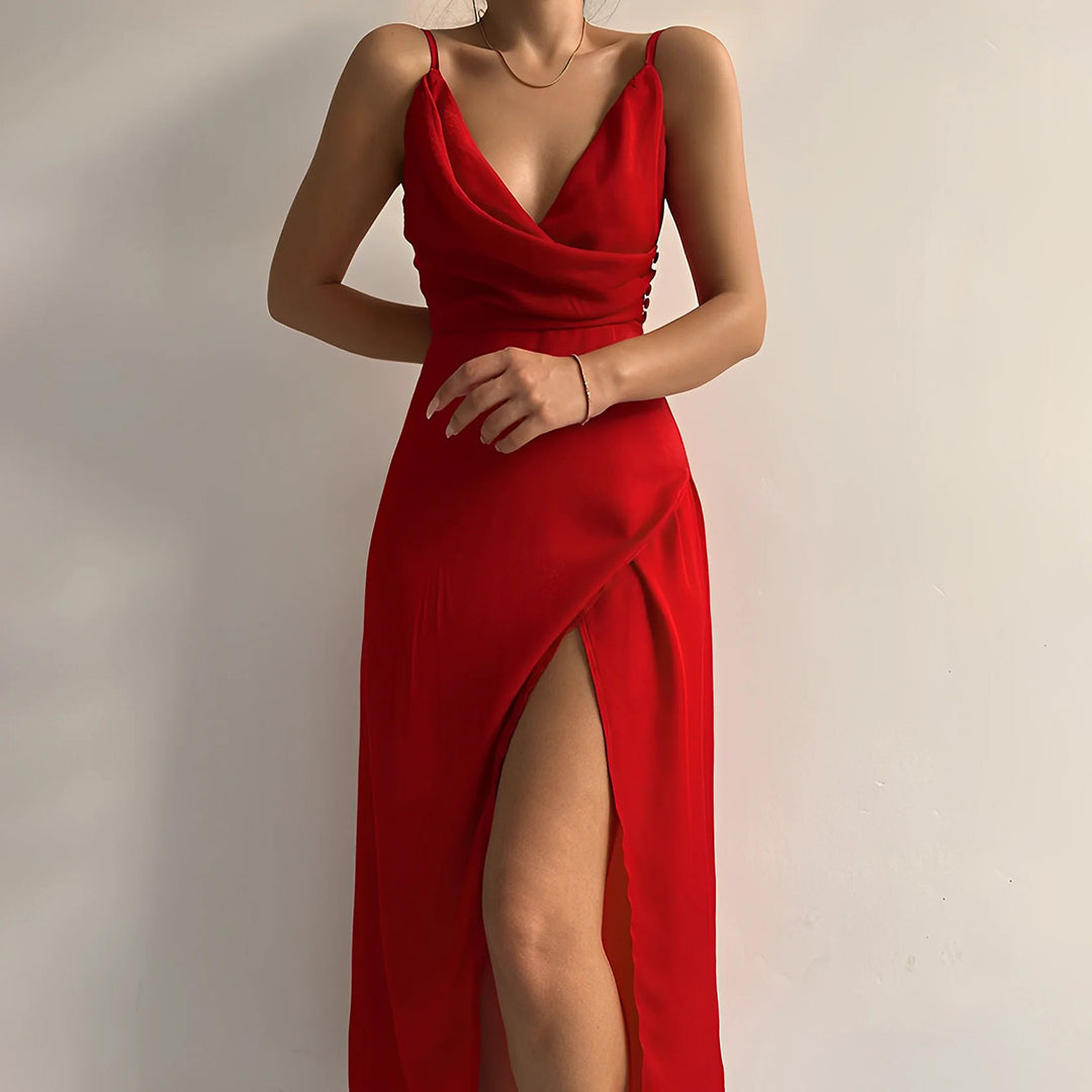 Cowl Neck Slit Maxi Dress in Red — VerolynBoutique