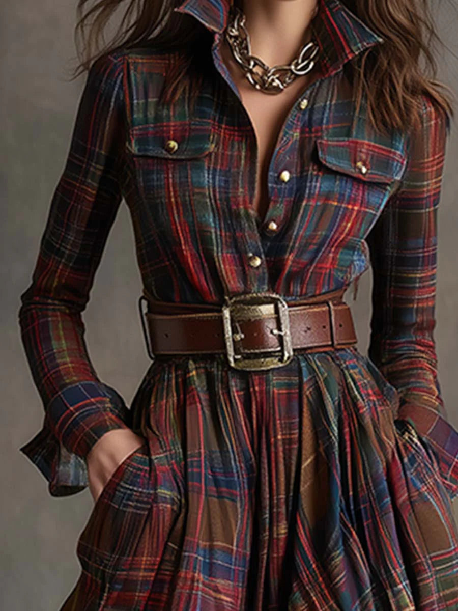 Belted Tartan Maxi Dress in Red — VerolynBoutique