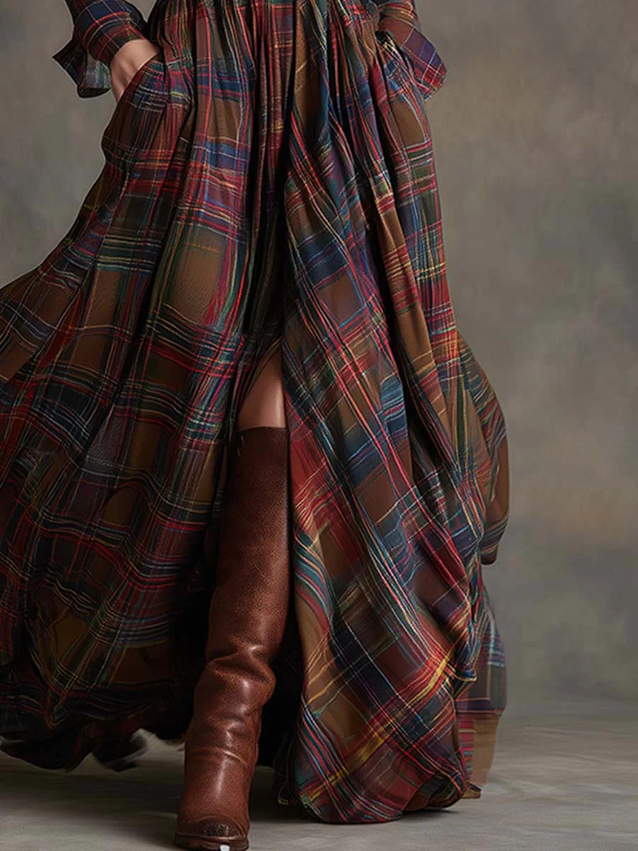 Belted Tartan Maxi Dress in Red — VerolynBoutique