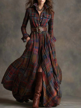 Belted Tartan Maxi Dress in Red — VerolynBoutique