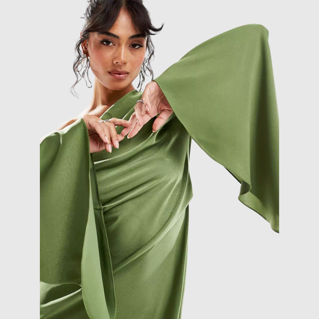 One-Sleeve Satin Maxi Dress in Green — VerolynBoutique