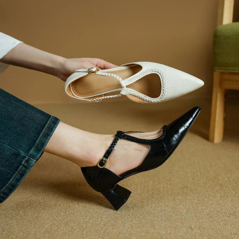 Braided Strap Pointed Toe Heels in Black — VerolynBoutique