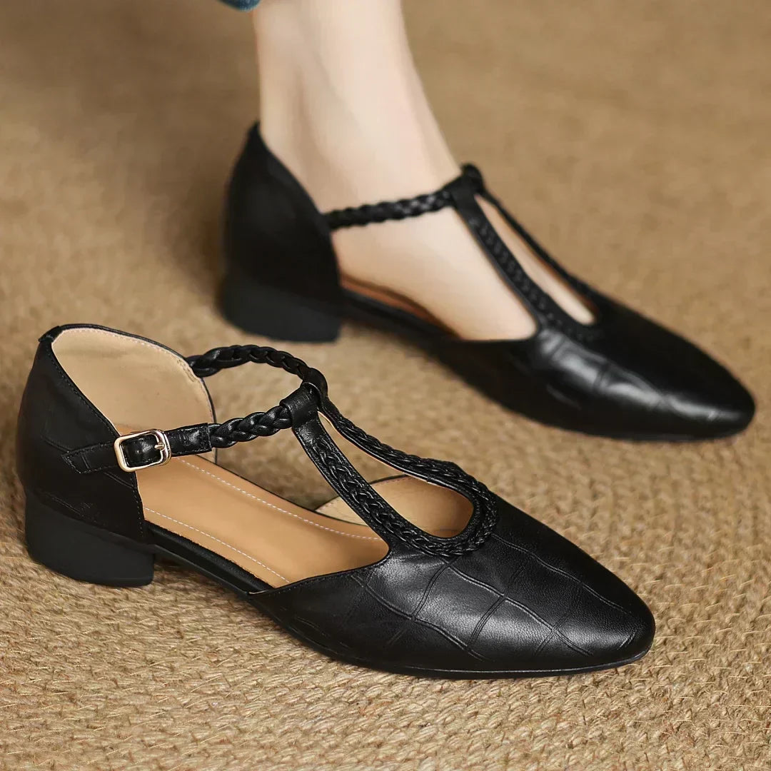 Croc-Embossed Braided T-Strap Shoes in Black — VerolynBoutique