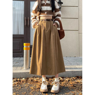 Belted Corduroy Midi Skirt in Khaki — VerolynBoutique