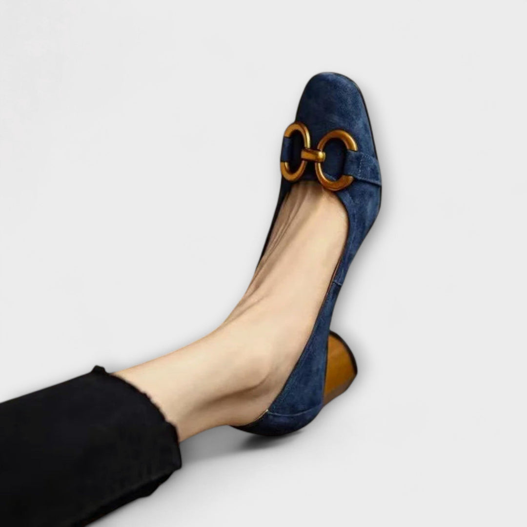 Suede-Look Horsebit Court Shoes in Navy — VerolynBoutique
