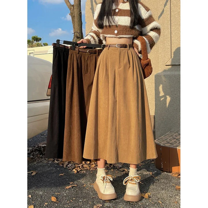 Belted Corduroy Midi Skirt in Black — VerolynBoutique