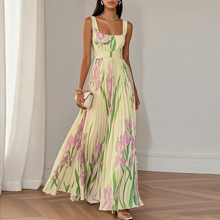Square Neck Pleated Floral Dress in Yellow — VerolynBoutique
