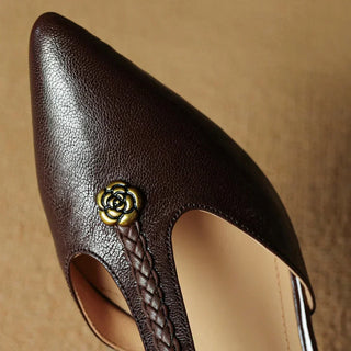 Rose Accent T-Strap Kitten Heels in Brown — VerolynBoutique