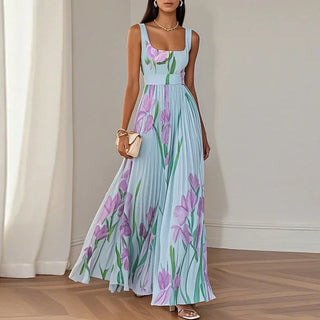 Square Neck Pleated Floral Dress in Blue — VerolynBoutique