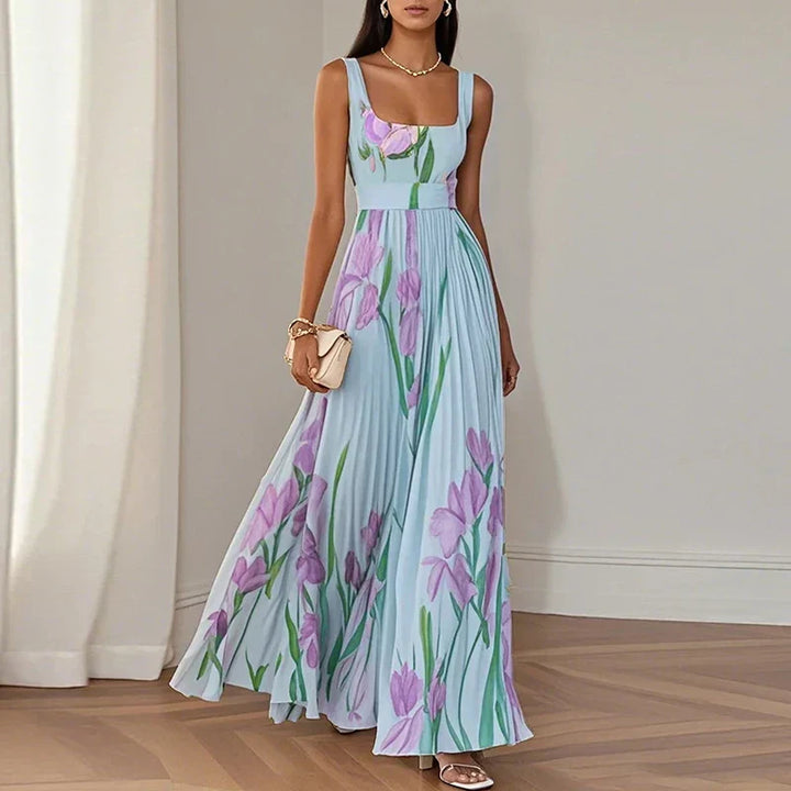 Square Neck Pleated Floral Dress in Blue — VerolynBoutique