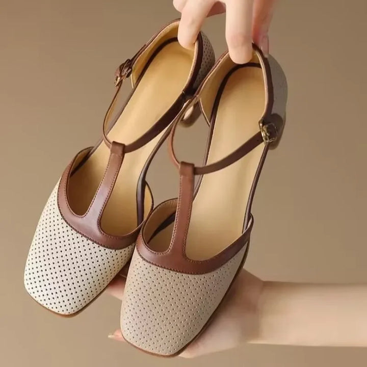 Perforated T-Strap Block Heels in Ivory — VerolynBoutique