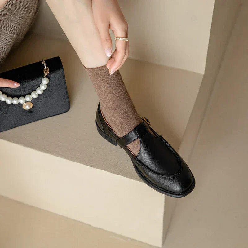 Stitched Wide T-Strap Shoes in Black — VerolynBoutique