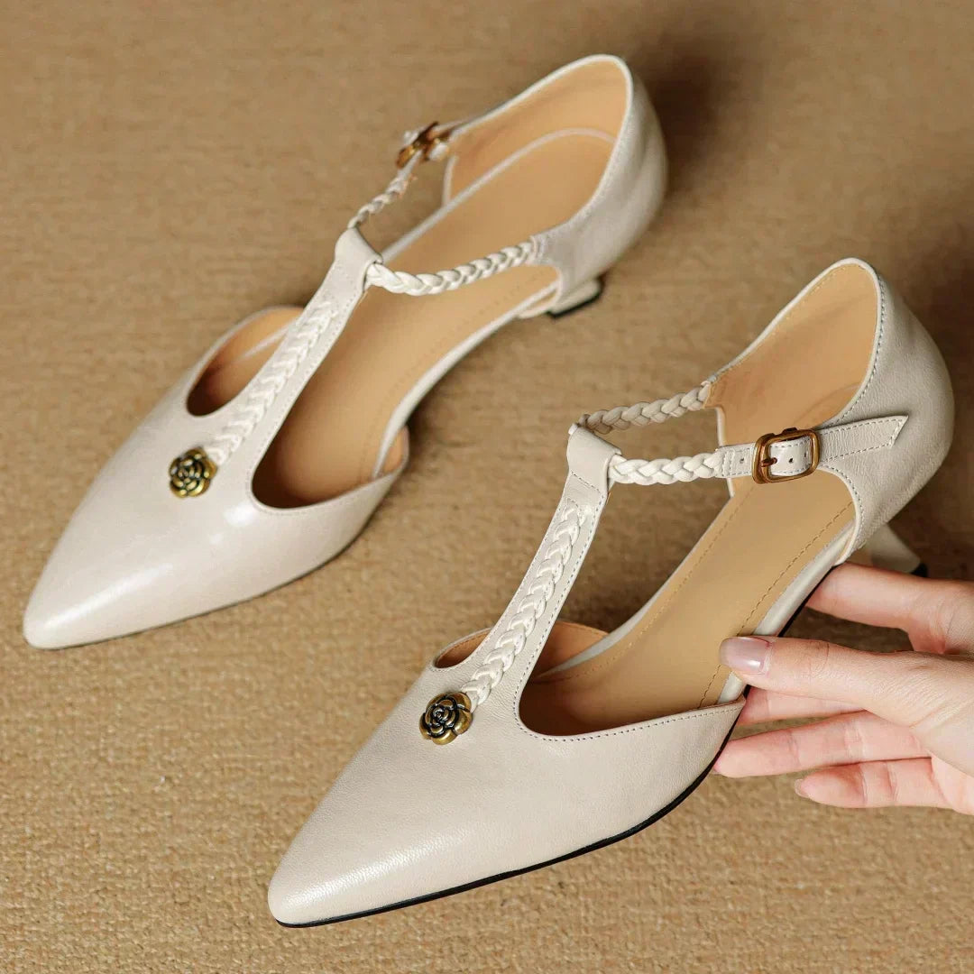 Rose Accent T-Strap Kitten Heels in Beige — VerolynBoutique