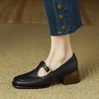 Stitched Gold Buckle T-Bar Shoes in Brown — VerolynBoutique
