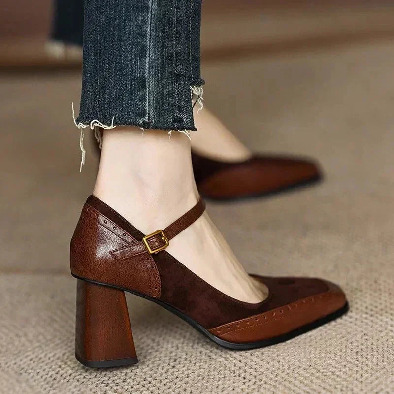 Two-Tone Brogue Mary Jane Heels in Brown — VerolynBoutique