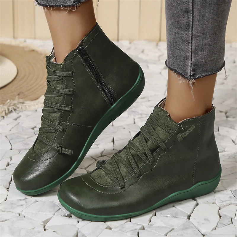 Wrap-Lace Side Zip Ankle Boots in Green — VerolynBoutique