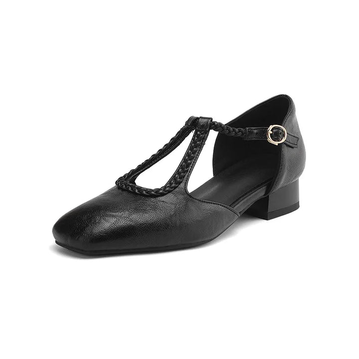 Braided T-Bar Square Toe Shoes in Black — VerolynBoutique