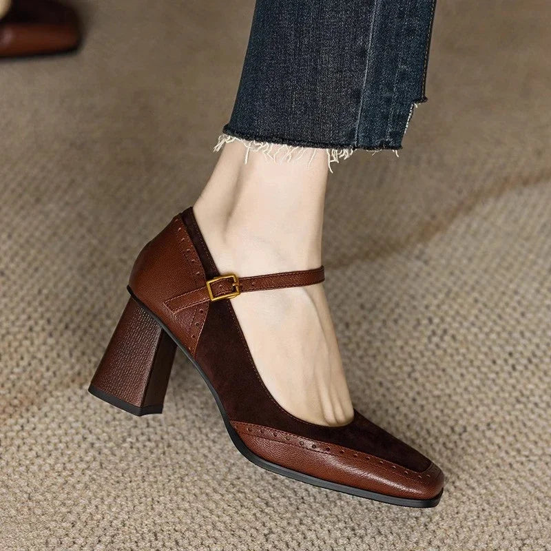 Two-Tone Brogue Mary Jane Heels in Brown — VerolynBoutique