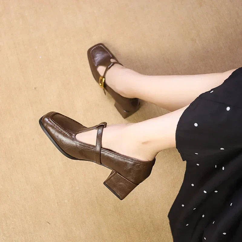 Glossy Square Toe T-Strap Heels in Brown — VerolynBoutique