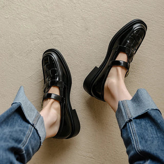 Basket-Weave Buckle Strap Flats in Black — VerolynBoutique